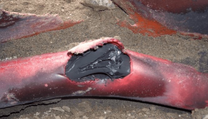 Close-up of a damaged section of red-sheathed underground electrical cable exposed in a trench